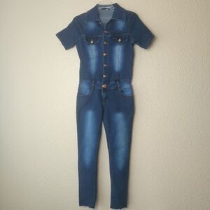 kalowa Women's Denim Jumpsuit Washed Belt‎ Hole Short Sleeve Size M Romper